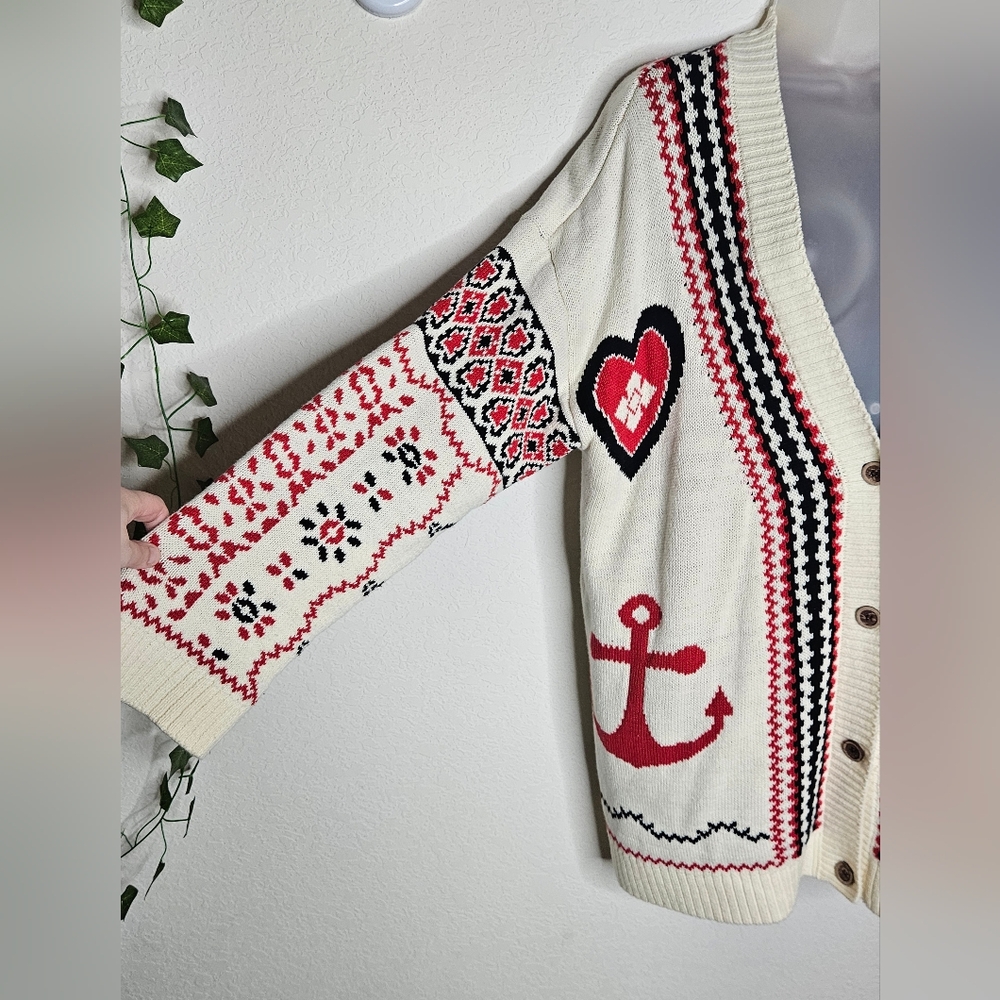 Anthropologie Chunky Knit Cream Nautical Anchor Button Front Cardigan Sweater L - Picture 3 of 13